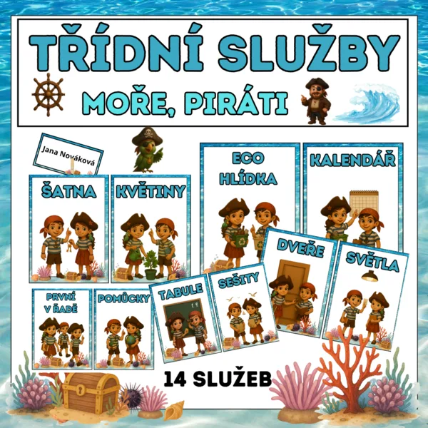 TŘÍDNÍ SLUŽBY – přehledné kartičky do každé třídy - MOŘE,PIRÁTI 1