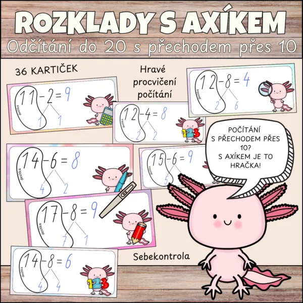 Rozklady s Axíkem - odčítání do 20 s přechodem přes desítku pomocí rozkladu 1