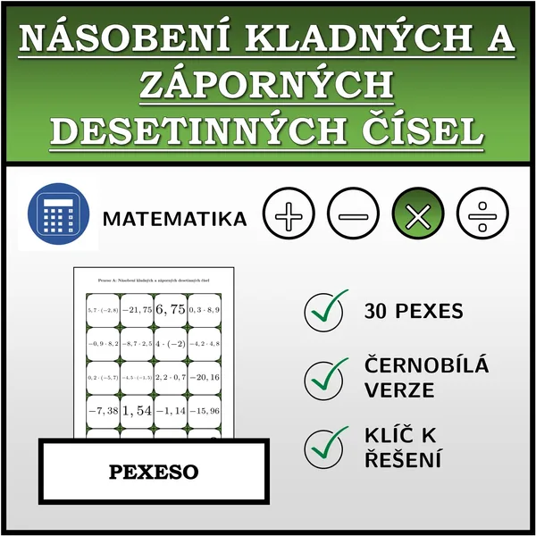 Pexeso - Násobení kladných a záporných desetinných čísel | matematika 1