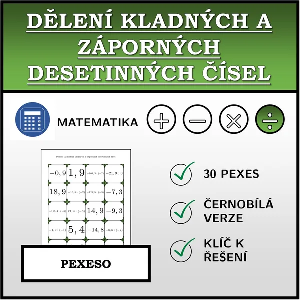 Pexeso - Dělení kladných a záporných desetinných čísel | matematika 1