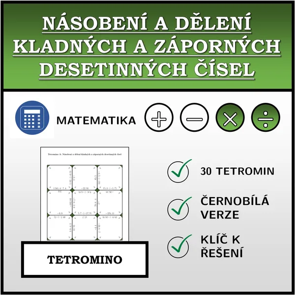 Tetromino - Násobení a dělení kladných a záporných desetinných čísel | matematika 1