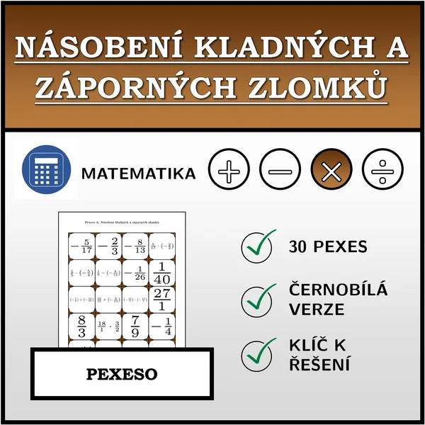 Pexeso - Násobení kladných a záporných zlomků | matematika 1