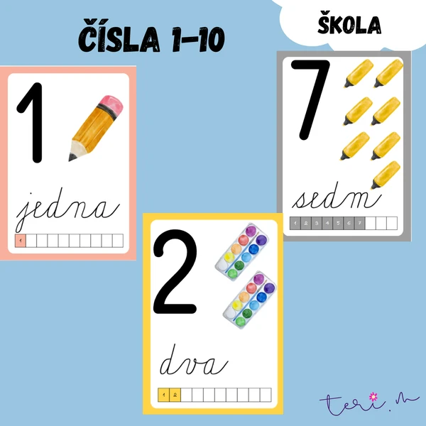 ČÍSLA 1-10 - téma ŠKOLNÍ POTŘEBY/ŠKOLA 1