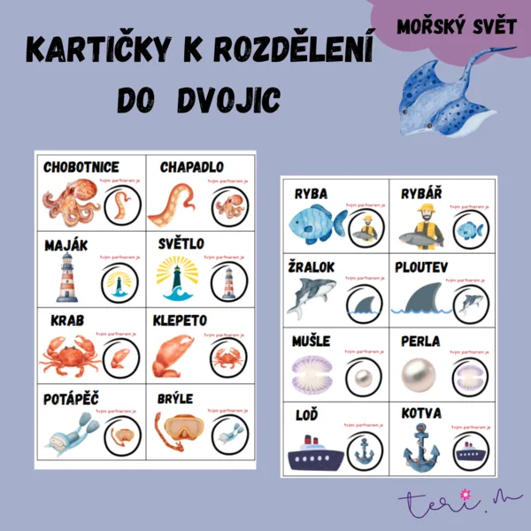 KARTIČKY ROZDĚLENÍ DO DVOJIC - téma PODMOŘSKÝ SVĚT 1