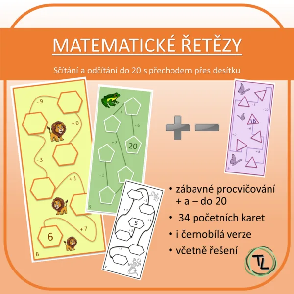 Matematické řetězy - sčítání a odčítání do 20 s přechodem 1