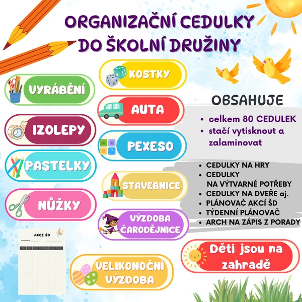 ORGANIZAČNÍ CEDULKY / štítky - ŠKOLNÍ DRUŽINA 1