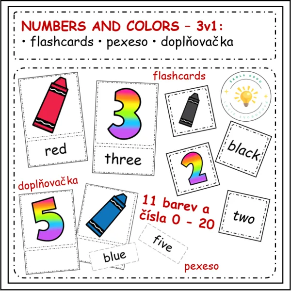 NUMBERS AND COLORS – 3v1: flashcards, pexeso, doplňovačka 1