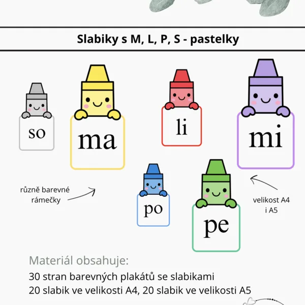 Slabiky s M, L, P, S - pastelky 1