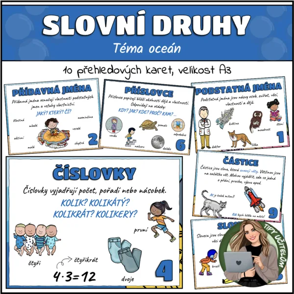 Slovní druhy - přehledové karty - téma oceán 1
