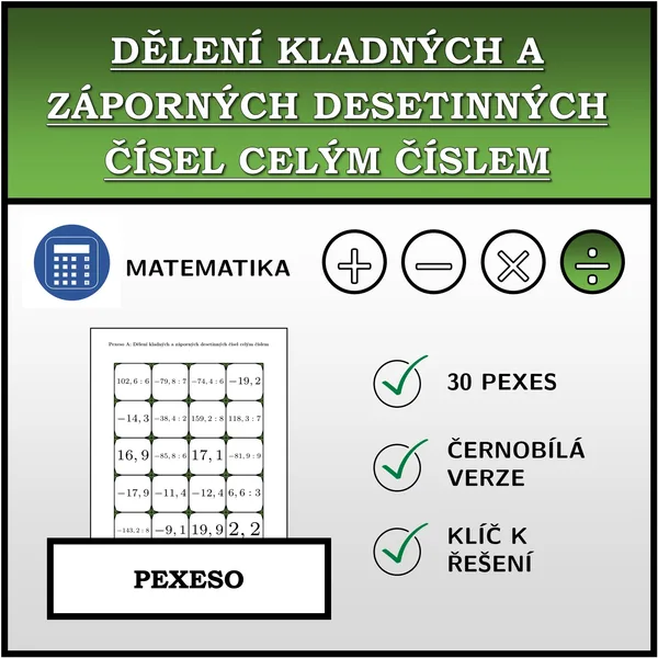 Pexeso - Dělení kladných a záporných desetinných čísel celým číslem | matematika 1