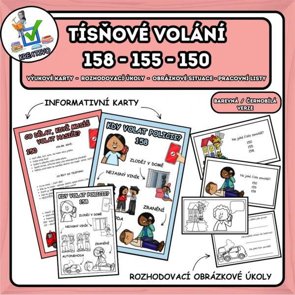 Tísňové volání 158 - 155 - 150 - výukové karty + rozhodovací obrázkové situace 1