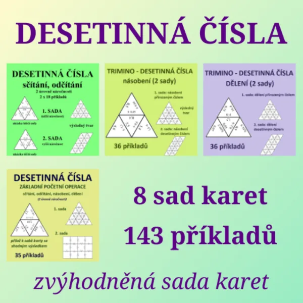 DESETINNÁ ČÍSLA - sčítání, odčítání, násobení, dělení - zvýhodněná sada karet 1
