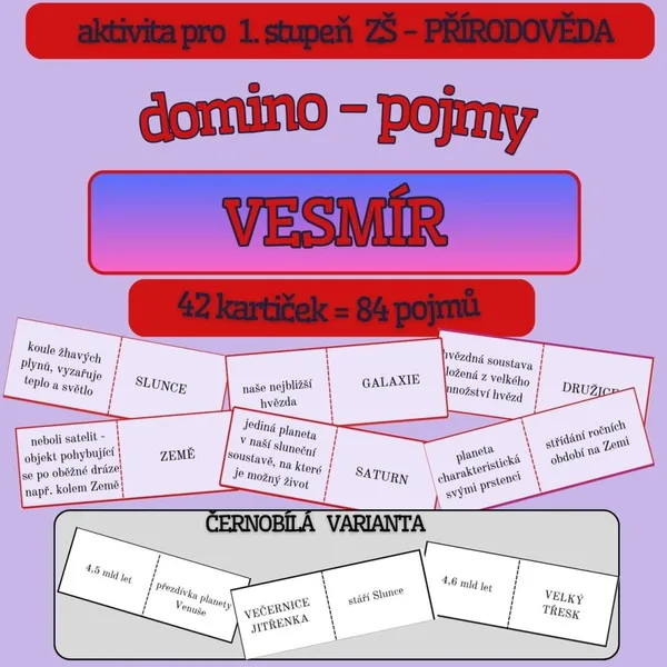 Domino - VESMÍR (pojmy k procvičení) - barevná i černobílá verze 1