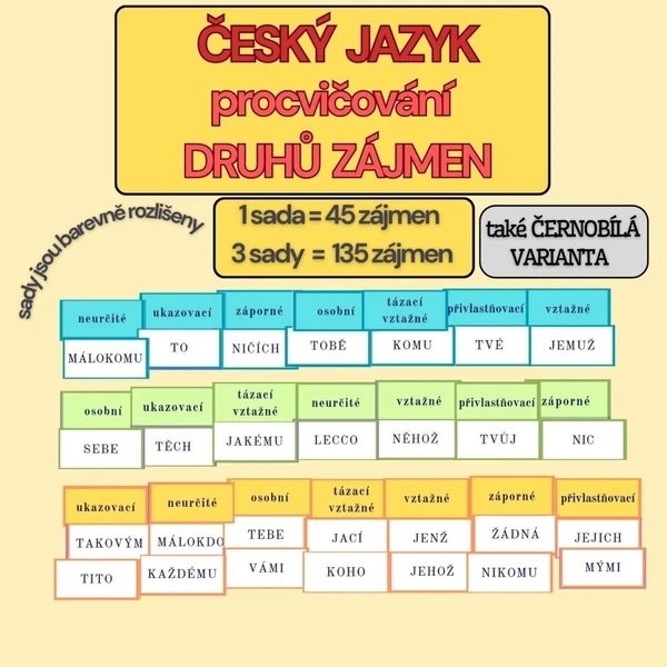 ČESKÝ JAZYK - procvičování DRUHY ZÁJMEN - barevná i černobílá verze 1