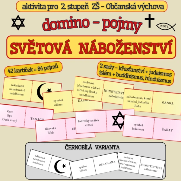 Domino SVĚTOVÁ NÁBOŽENSTVÍ II. - rozděleno na 2 sady, BAREVNÁ i ČERNOBÍLÁ VERZE 1