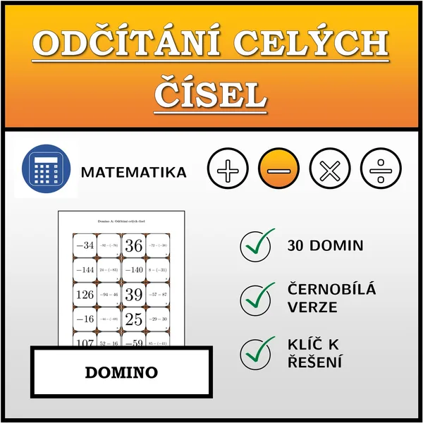 Domino - Odčítání celých čísel | matematika 1