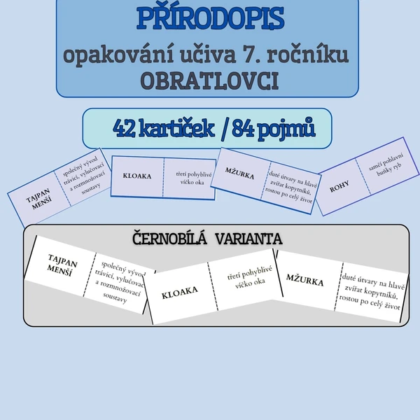 DOMINO - PŘÍRODOPIS opakování 7. ročníku OBRATLOVCI - barevná i černobílá verze 1