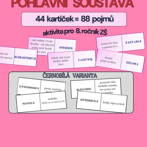 výuková hra typu domino POHLAVNÍ SOUSTAVA - barevná i černobílá varianta 1