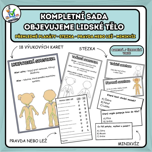 Kompletní sada objevujeme lidské tělo - přehledné plakáty - STEZKA - PRAVDA NEBO LEŽ - MINIKVÍZ 1