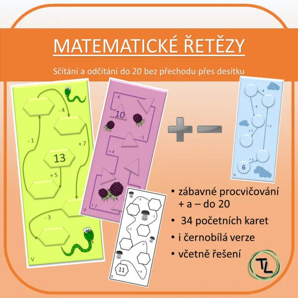 Matematické řetězy - sčítání a odčítání do 20 bez přechodu 1