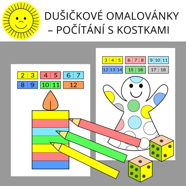 DUŠIČKOVÉ OMALOVÁNKY – POČÍTÁNÍ S KOSTKAMI 1
