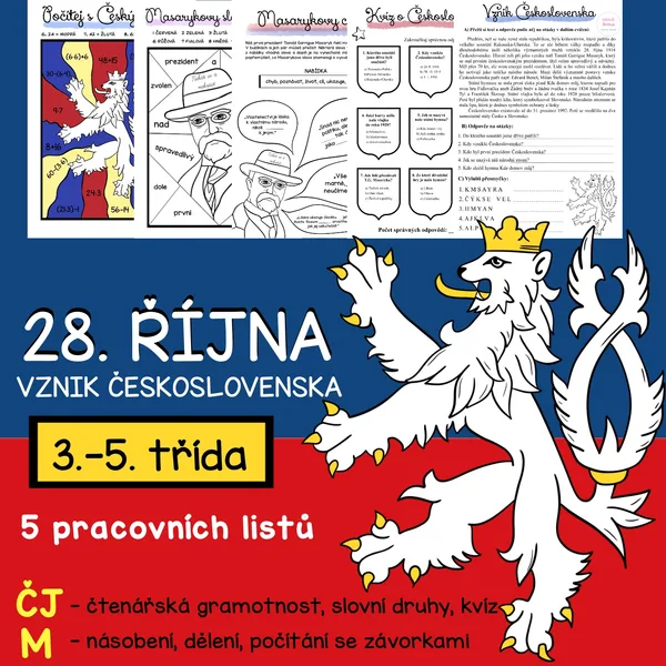 VZNIK ČESKOSLOVENSKA- 28. ŘÍJEN - ČJ + M - 3.-5. TŘÍDA - 5 PL + řešení 1