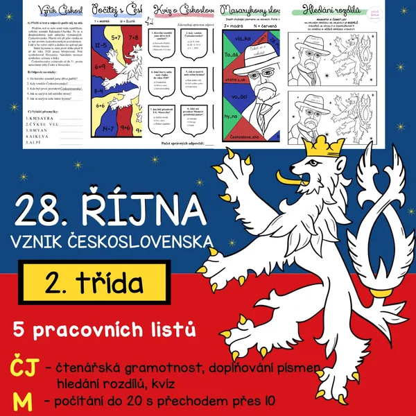 VZNIK ČESKOSLOVENSKA- 28. ŘÍJEN - ČJ + M - 2. TŘÍDA - 5 PL + řešení 1