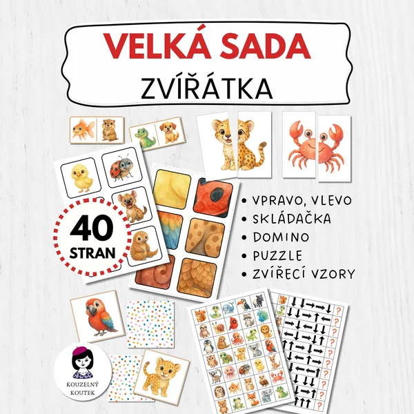Velká sada - zvířátka | vzory | skládačka | pexeso | domino | vlevo, vpravo | šifrování | šipkovaná 1