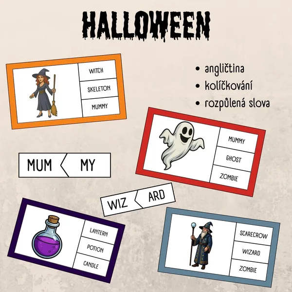Halloween - kolíčkování a rozpůlená slova 1