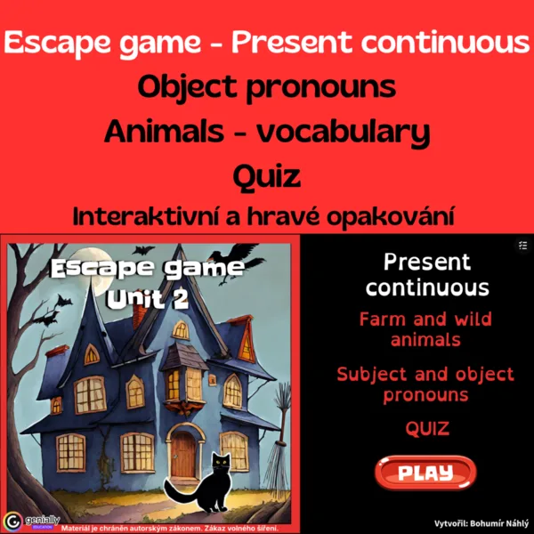 Present continuous, animals, object pronouns - úniková hra 1