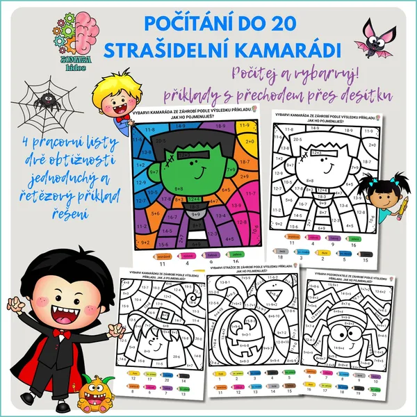 Počítej do 20 s přechodem přes 10 a vybarvuj - strašidelní kamarádi 1