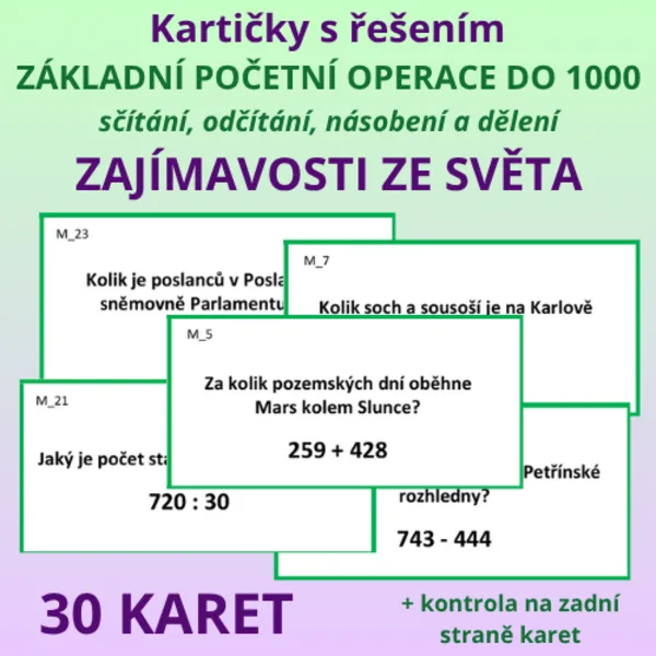 Kartičky s řešením – zajímavosti ze světa – sčítání, odčítání, násobení a dělení do 1000 1