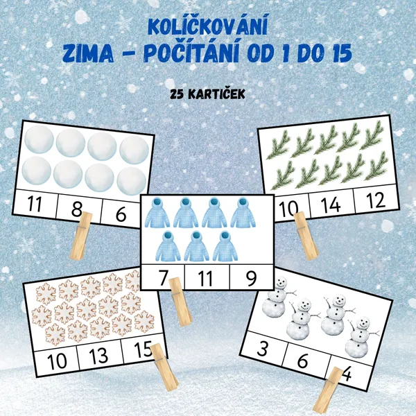 Kolíčkování ZIMA - počítání od 1 do 15 1