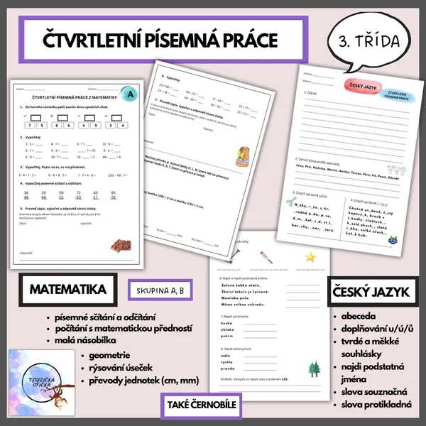 Čtvrtletní písemná práce 3. třída - matematika a český jazyk 1