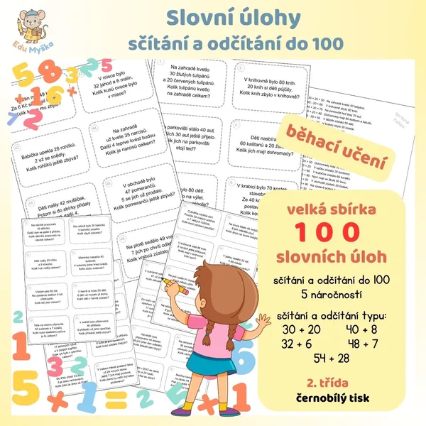Slovní úlohy do 100 - sčítání a odčítání - běhací učení 1