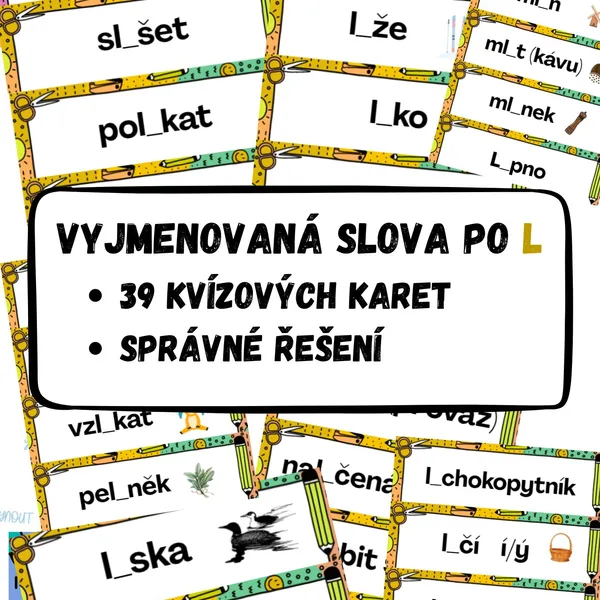 Vyjmenovaná slova po L - 39 kvízových karet se správným řešením. 1