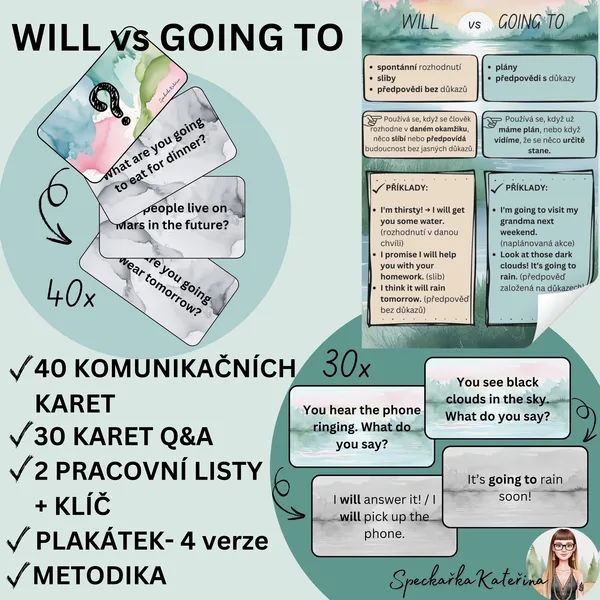 WILL vs GOING TO konverzační karty, pracovní list a plakát 1