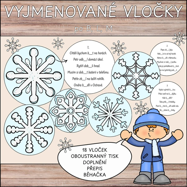 Vyjmenované vločky po B, L, M - doplňování, přepis, běhačka 1