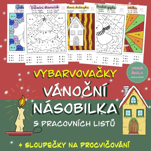 VÁNOČNÍ NÁSOBILKA - 5 PRACOVNÍCH LISTŮ - VYBARVOVAČKY -M - 3.-5. TŘÍDA + řešení 1