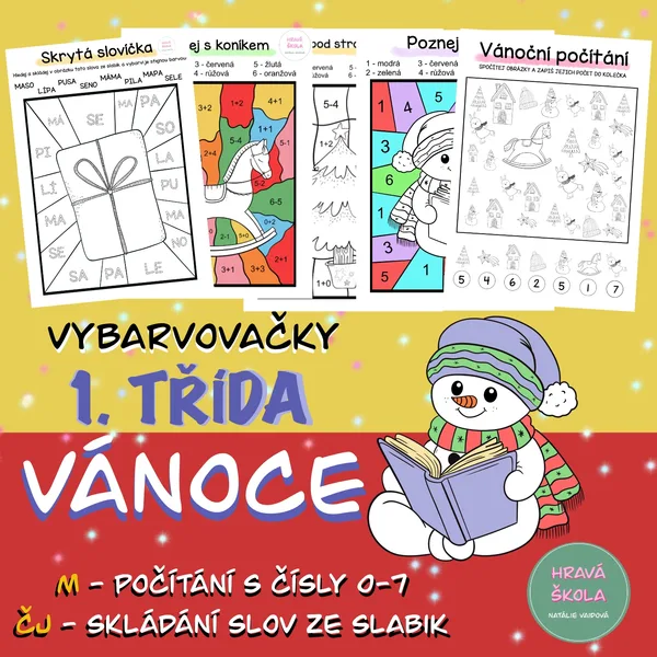 VÁNOČNÍ VYBARVOVAČKY - 1. TŘÍDA -ČJ + M— 5 pracovních listů + řešení 1