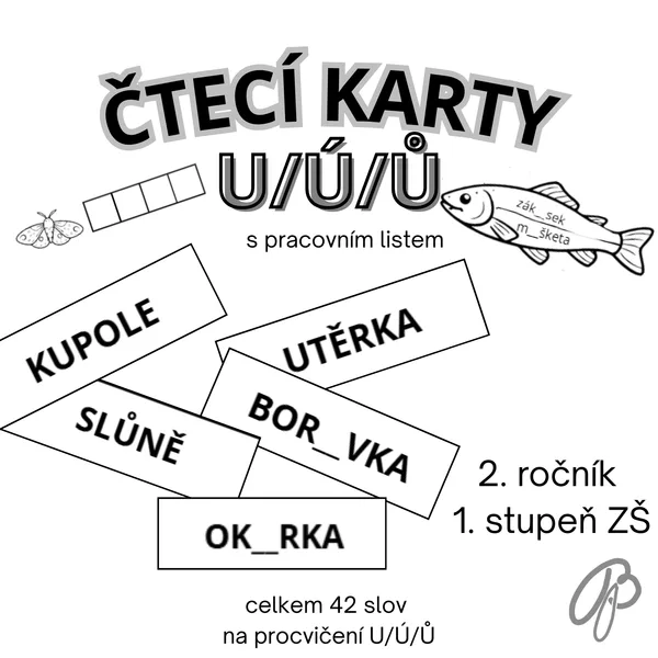U/Ú/Ů - čtecí karty s pracovním listem 1