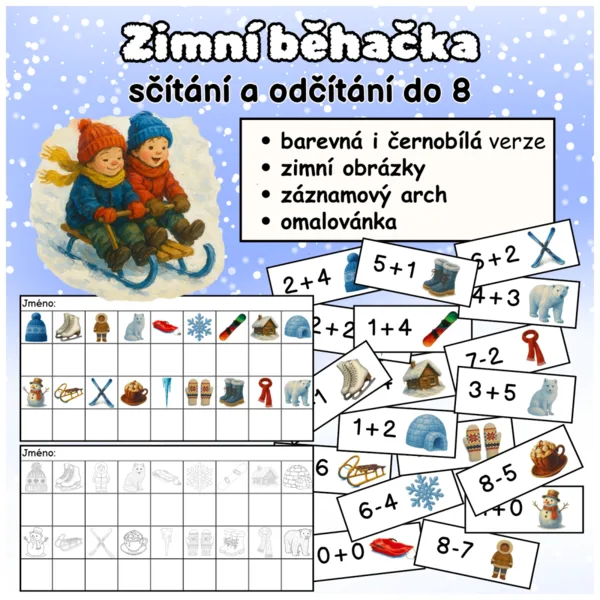 Zimní běhačka - sčítání a odčítání do 8 1