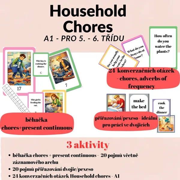 Household chores - běhačka, konverzační kartičky, přiřazování/pexeso 1