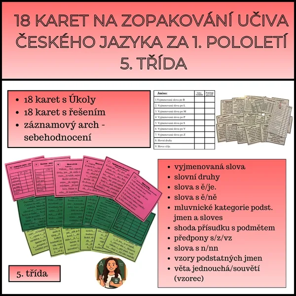 18 karet na zopakování učiva českého jazyka za 1. pololetí 5. třída 1