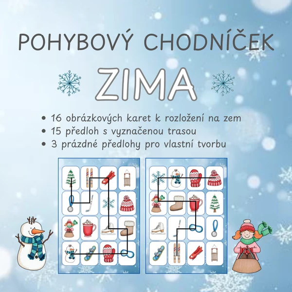 Zima - pohybový chodníček pro MŠ a 1. stupeň ZŠ (16 obrázků, 15 předloh s vyznačenými trasami, 3 prázdné předlohy) 1