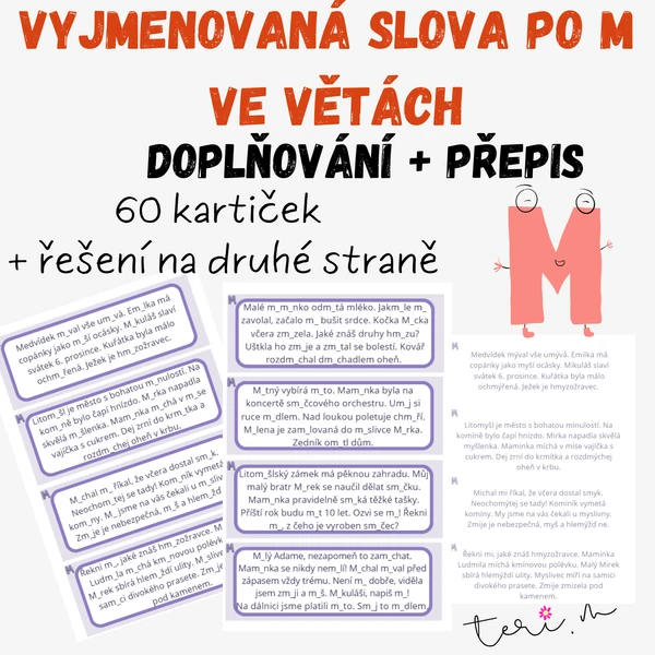 VYJMENOVANÁ SLOVA PO M VE VĚTÁCH - 60 kartiček 1