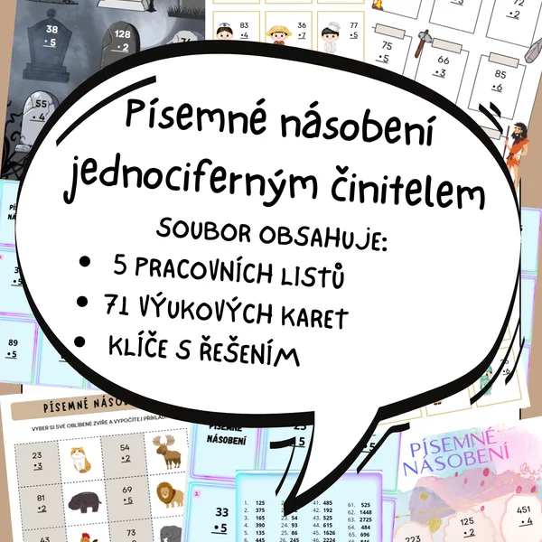 Písemné násobení - 5 pracovních listů + 71 kartiček na rychlovky + klíč 1