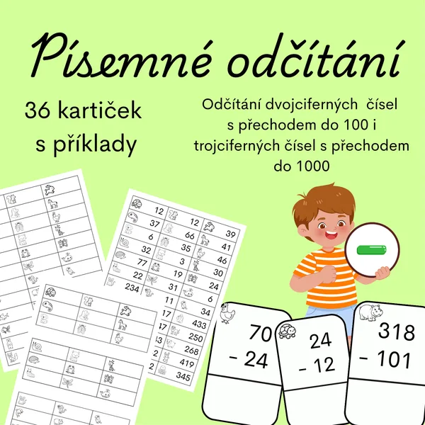 Písemné odčítání - kartičky s příklady 1