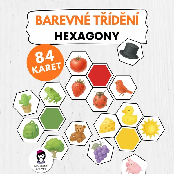 Barevné třídění - hexagon kartičky, barvy, demonstrační obrázky, poznávání barev 1