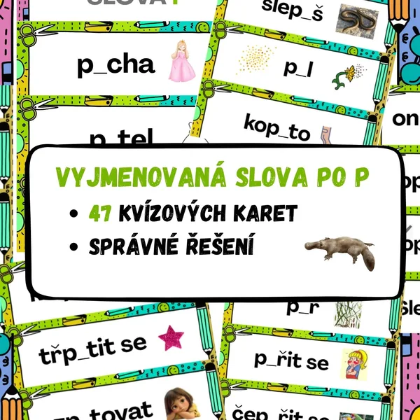 Vyjmenovaná slova po P - 47 kvízových karet se správným řešením. 1